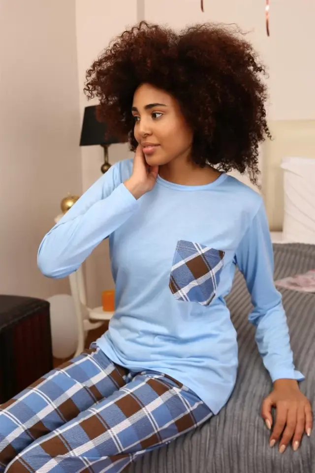 Kadın Uzun Kol Penye Pijama Takım Mavi
