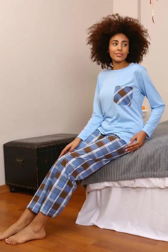 Kadın Uzun Kol Penye Pijama Takım Mavi