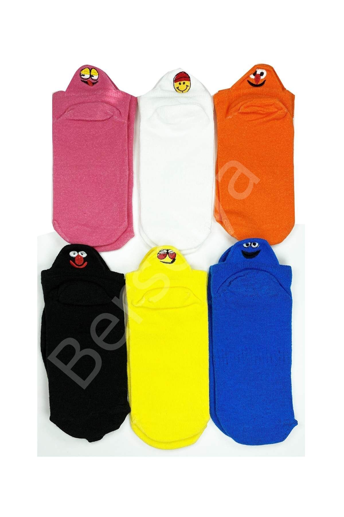 6 Çift Emoji Desen Nakış Baskılı Kadın Pamuklu Bilek Çorap