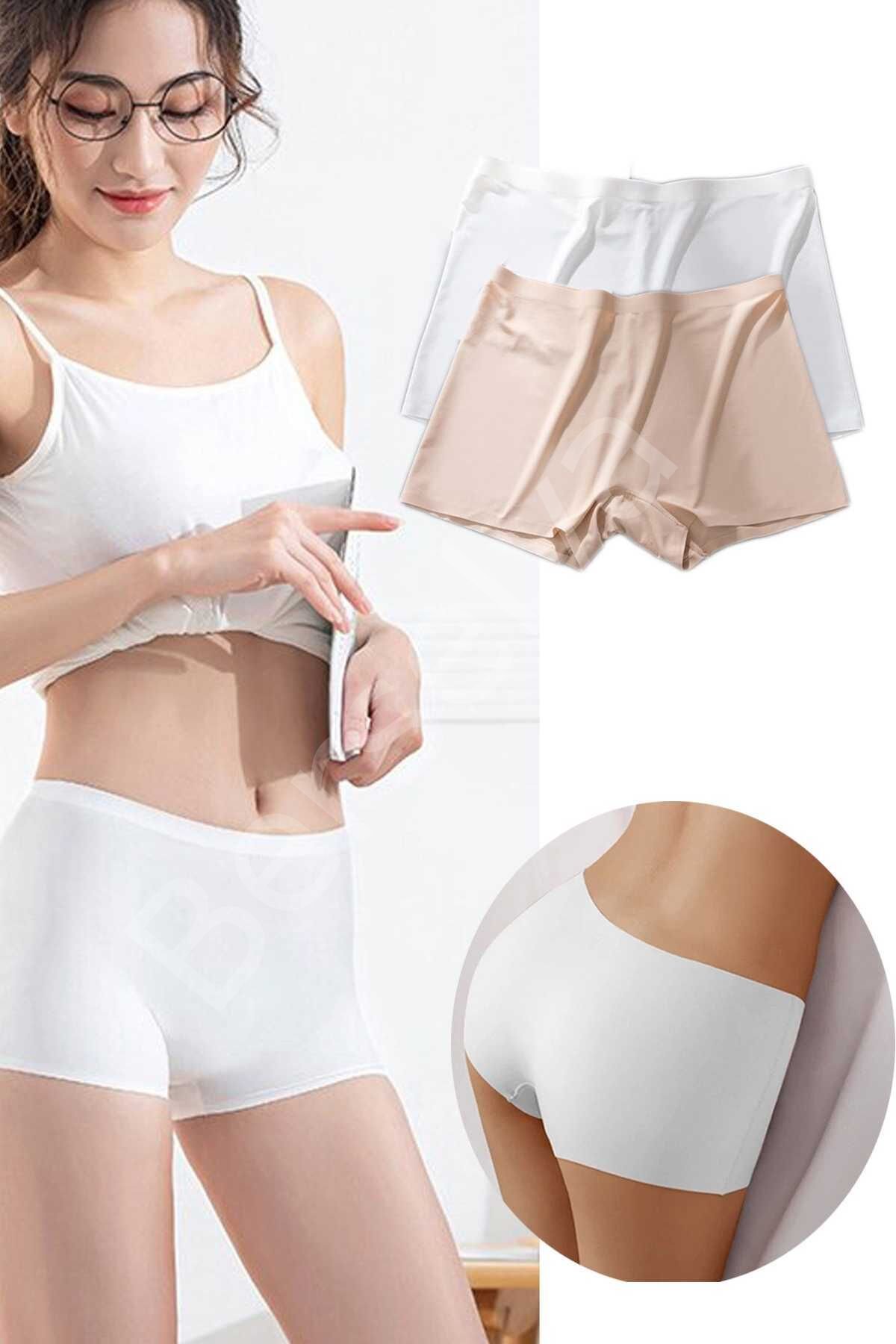 2 Adet Kadın Dikişsiz Görünmez İz Yapmaz Mini Şort Boxer Beyaz Ten XL