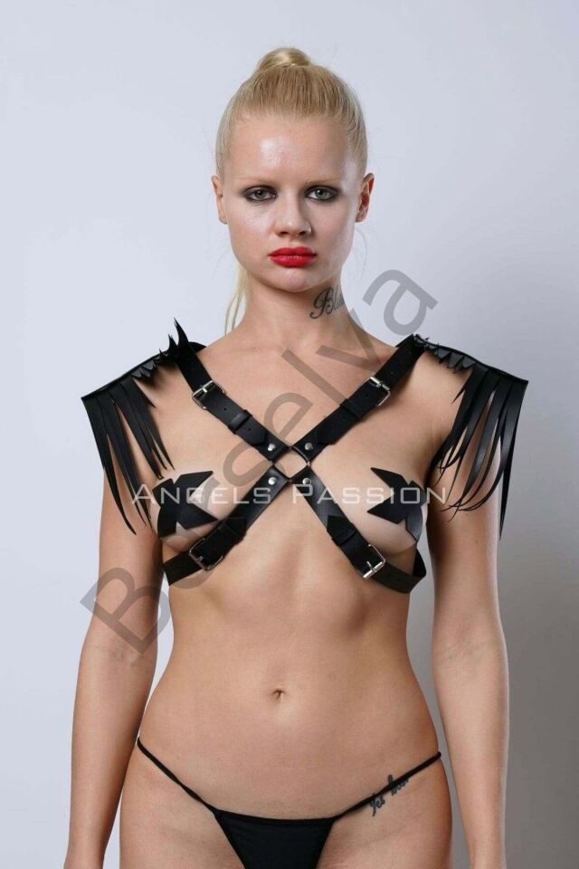 Omuzdan Püsküllü Göğüs Harness, Deri Püsküllü Omuz Harness - Brf1240
