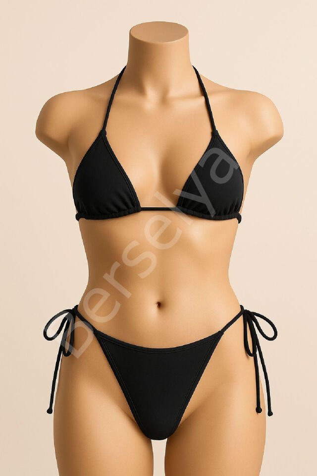 Kadın Siyah Yandan Ve Boyundan Bağlamalı Bikini Mayo Takımı