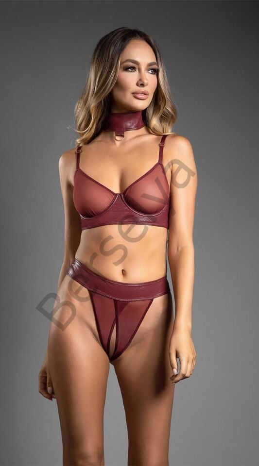 Bordo Tül Büstiyerli Özel Bölgesi Açık Kelepçeli Fantezi Deri Takım