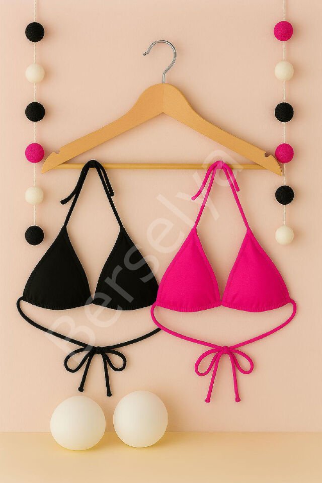 Kadın Siyah Ve Fuşya Minimal Kesim Üçgen Bikini Üstü