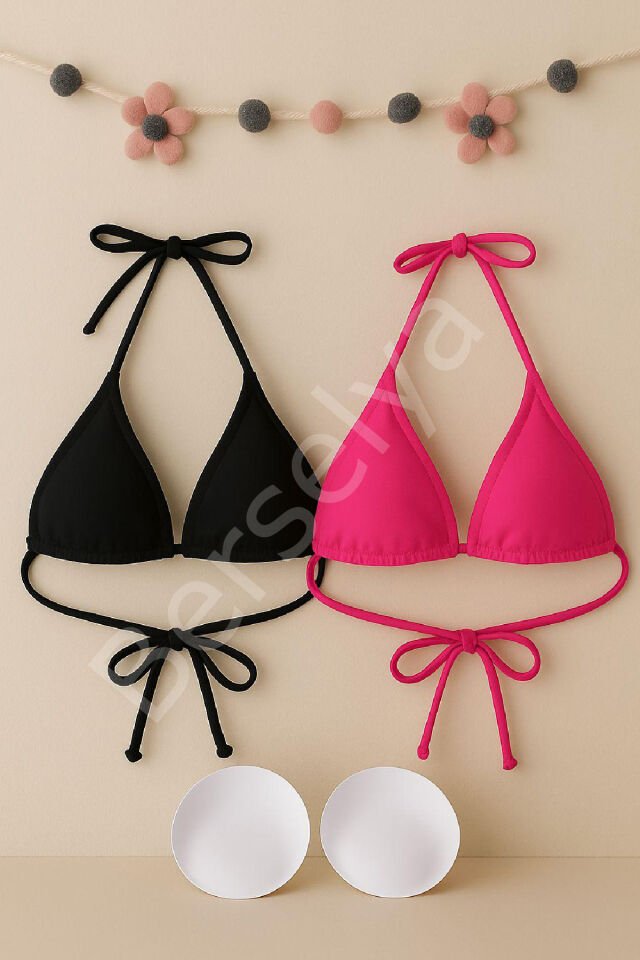 Kadın Siyah Ve Fuşya Minimal Kesim Üçgen Bikini Üstü