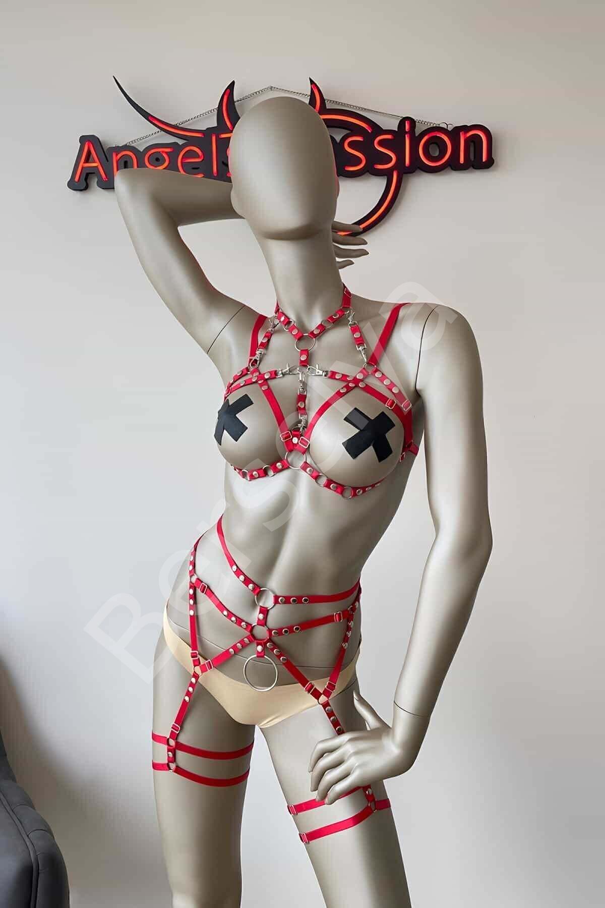 Kırmızı Seksi Elastik Jartiyer Harness Takım