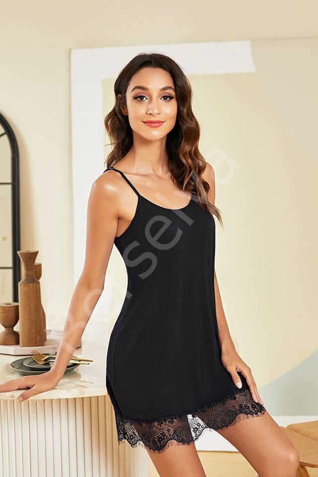 Kadın Siyah Ip Askılı Dantel Detaylı Gecelik