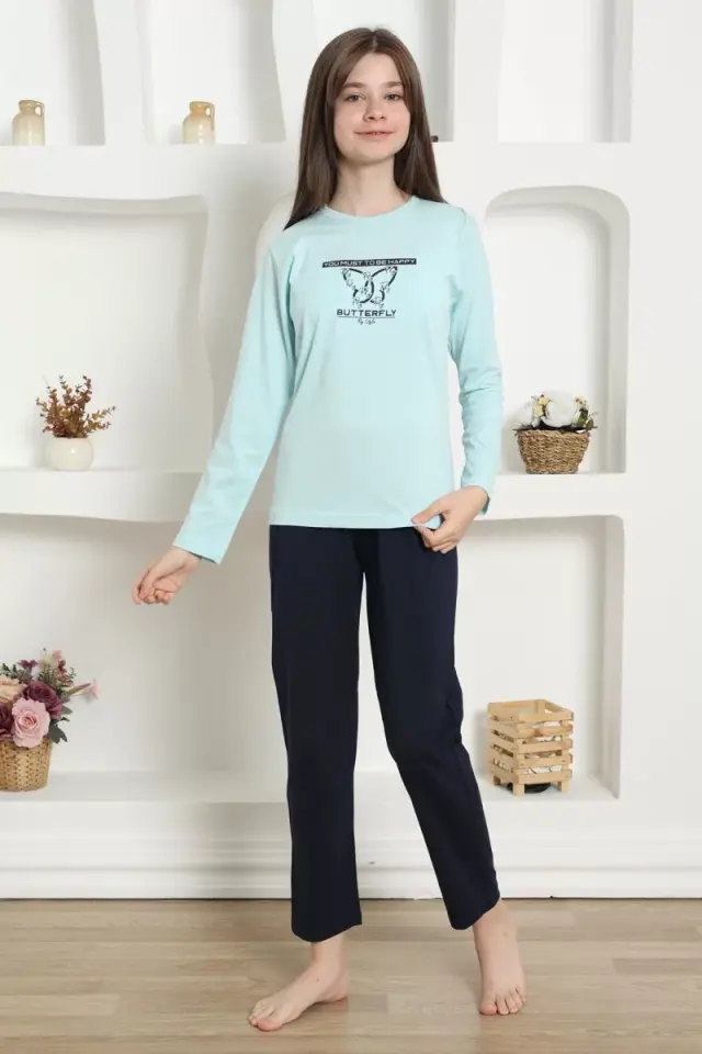 Kız Çocuk Penye Pijama Takım Su Yeşili