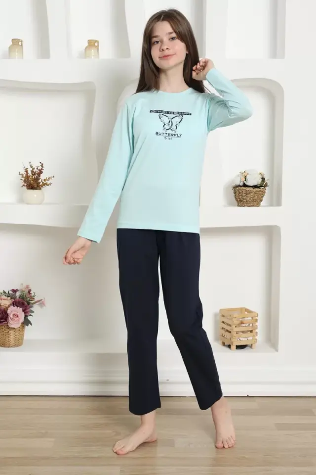 Kız Çocuk Penye Pijama Takım Su Yeşili