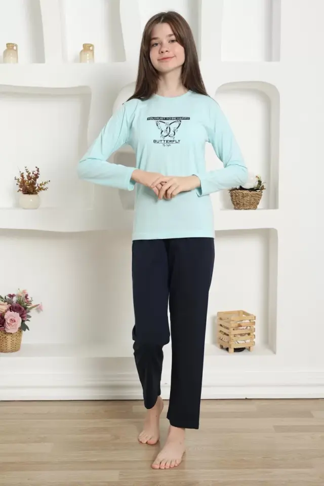 Kız Çocuk Penye Pijama Takım Su Yeşili