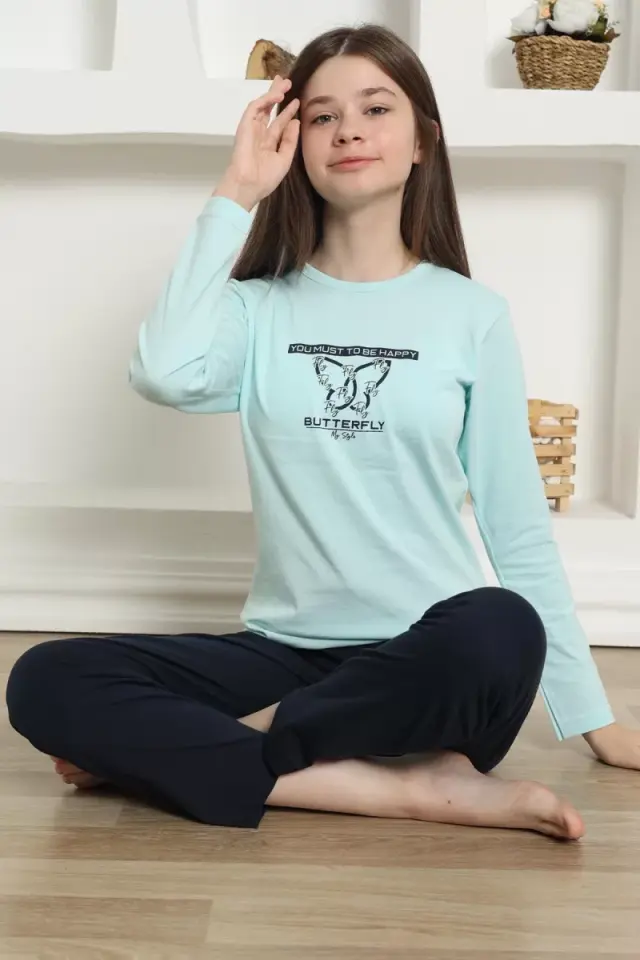 Kız Çocuk Penye Pijama Takım Su Yeşili