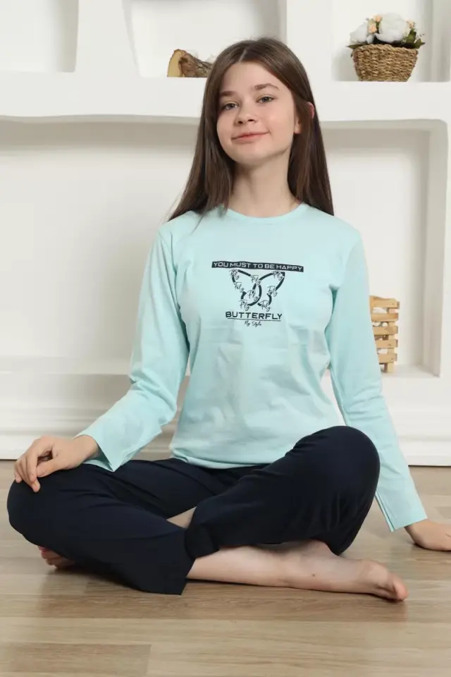 Kız Çocuk Penye Pijama Takım Su Yeşili