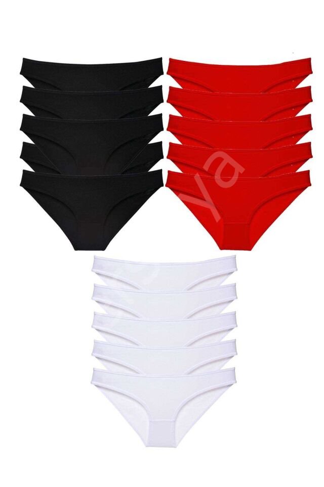 15 adet Süper Eko Set Likralı Kadın Slip Külot Siyah Kırmızı Beyaz L