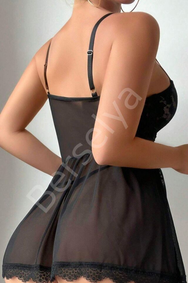 Siyah Örgü Detaylı Gecelik 15917