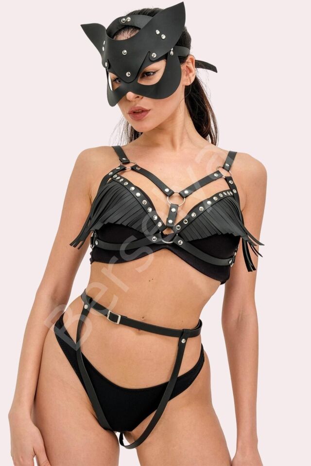 Deri Maske Ve Püsküllü Siyah Kostüm Takım 800178