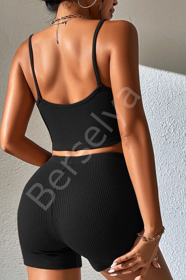 Kadın Siyah Şortlu Kaşkorse Gecelik Takım
