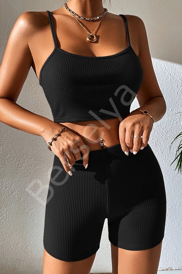 Kadın Siyah Şortlu Kaşkorse Gecelik Takım