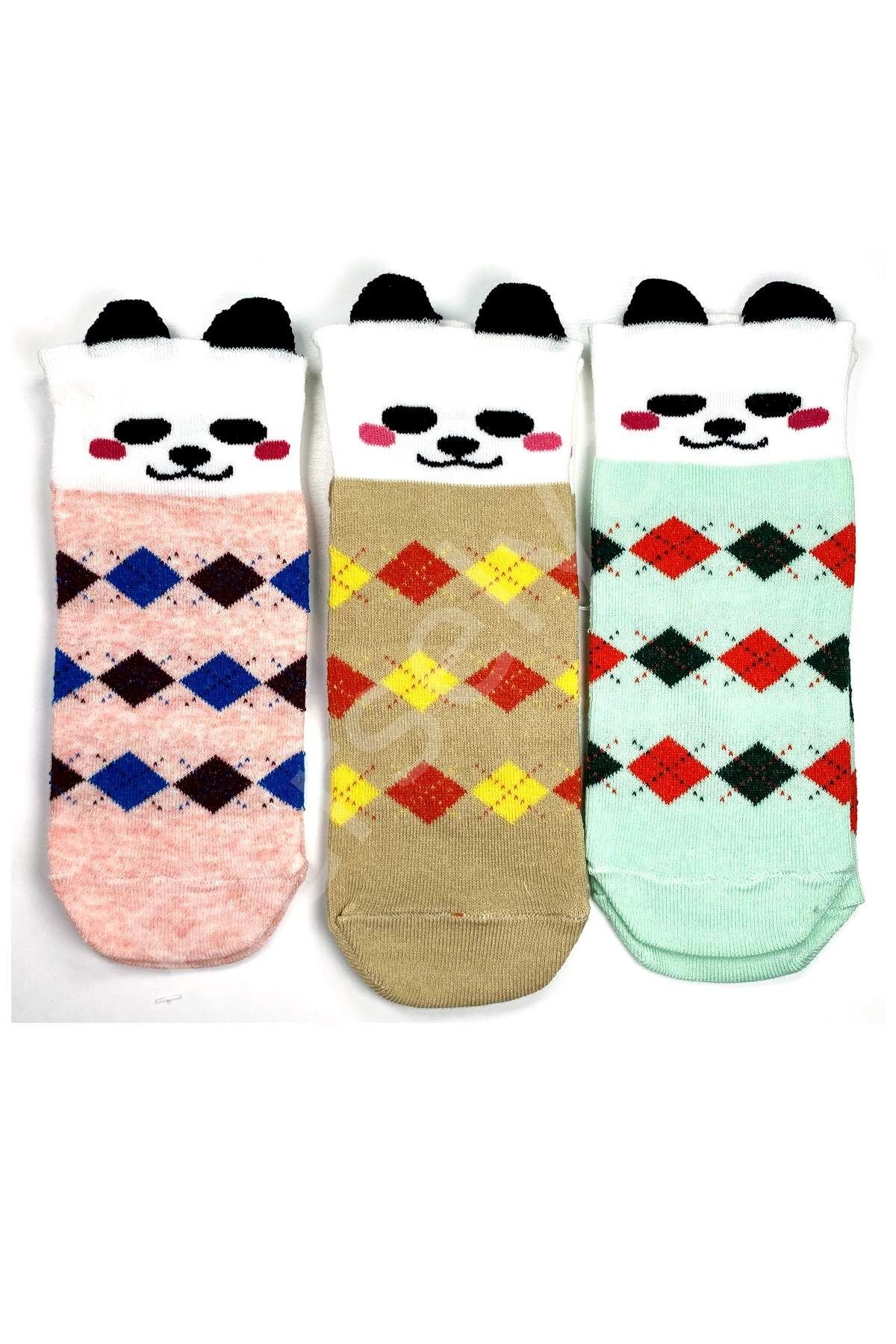 3 Çift Köpek Temalı 3 Boyutlu Kulaklı Pamuk Ekose Kadın Bilek Çorap