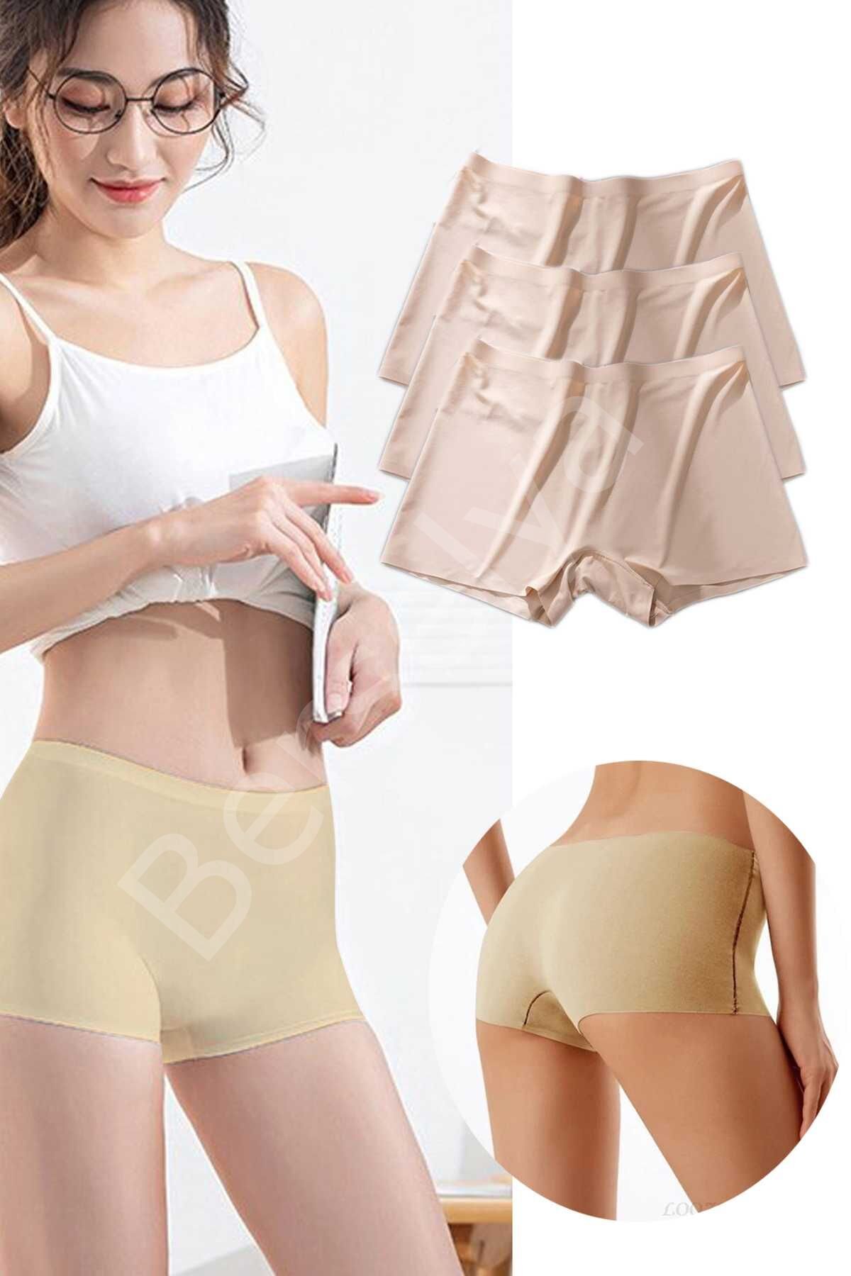 3 Adet Kadın Dikişsiz Görünmez İz Yapmaz Mini Şort Boxer Ten M