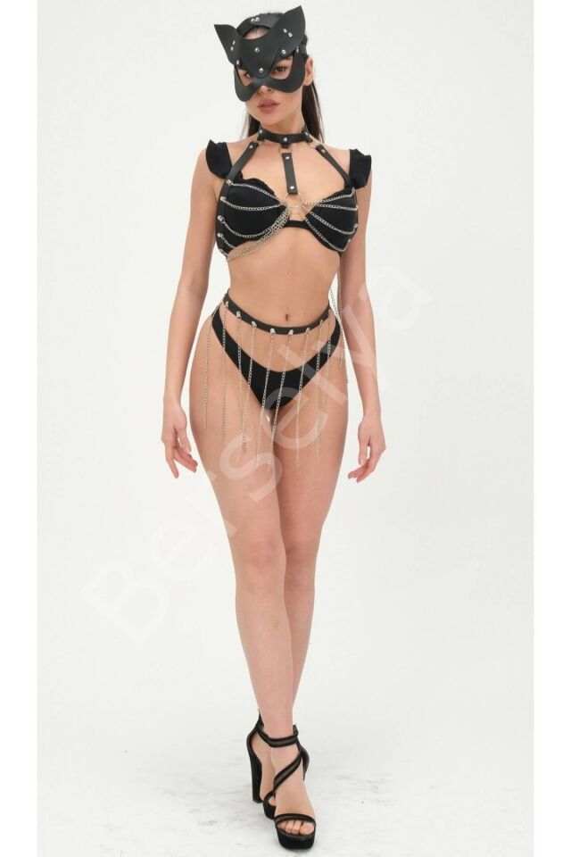 Zincirli Siyah Maskelili Tokalı Sexi Deri Takım 800175