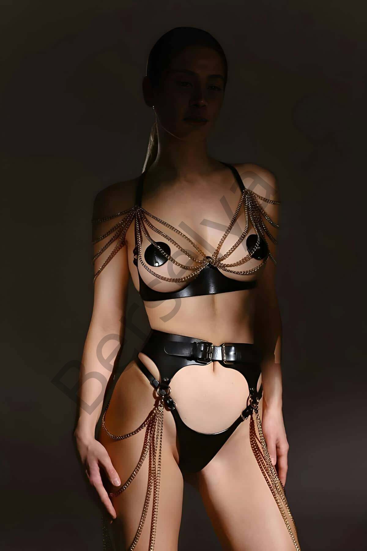 Şık Deri Zincirli Göğüs Ve Bel Harness Takım - Brf1242