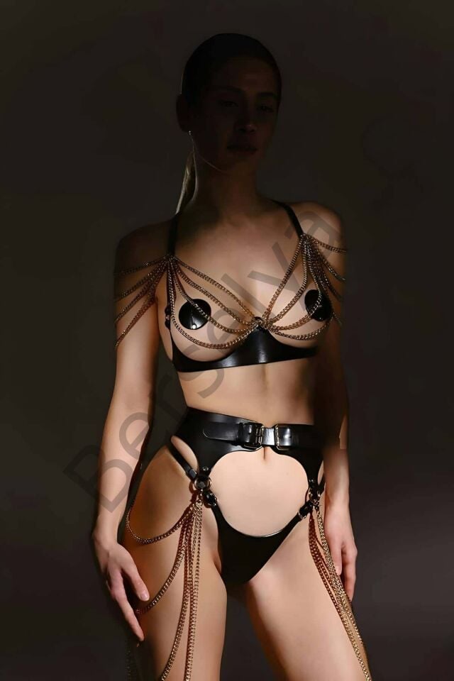 Şık Deri Zincirli Göğüs Ve Bel Harness Takım - Brf1242