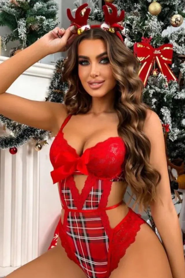 Kırmızı Yılbaşı Temalı Seksi Kostüm  Bodysuit 66088