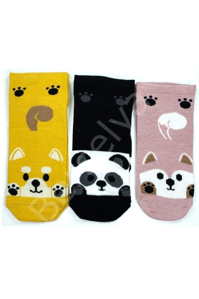 3 Çift Sevimli Hayvan Baskılı Pamuklu Kadın Bilek Çorap