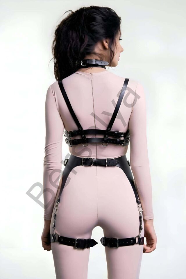 Halkalı Göğsü Açık Deri Jartiyer Harness Takım - Brf1231