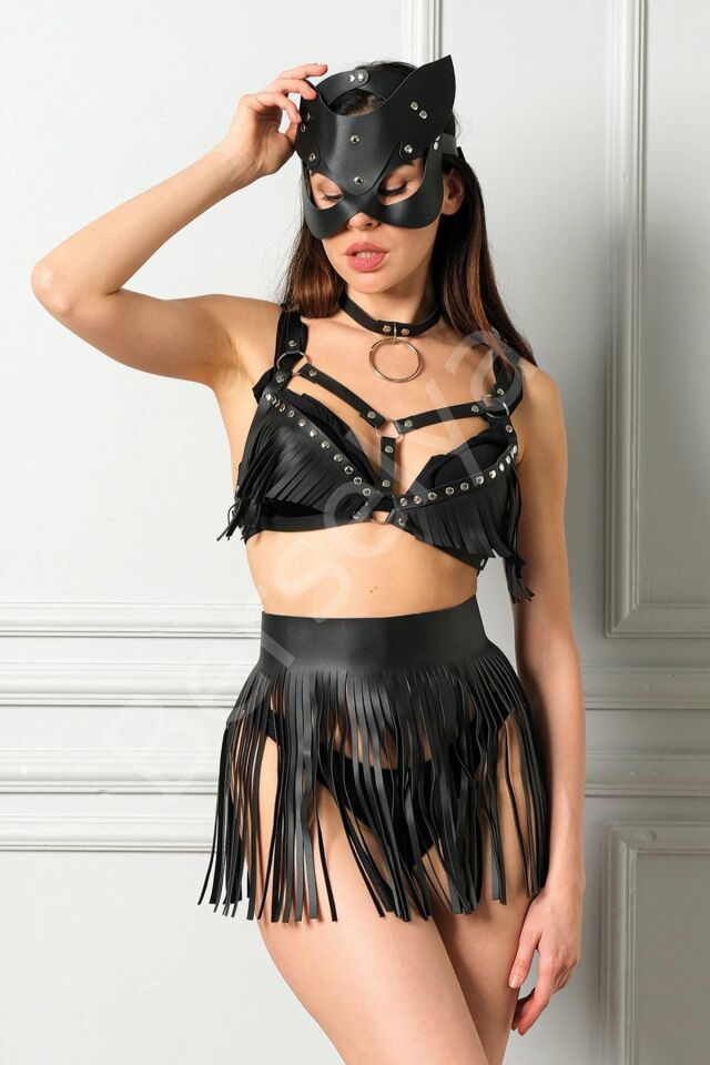 Maske Püskül Etek Ve Sütyenli Deri Harness Kostüm 800170