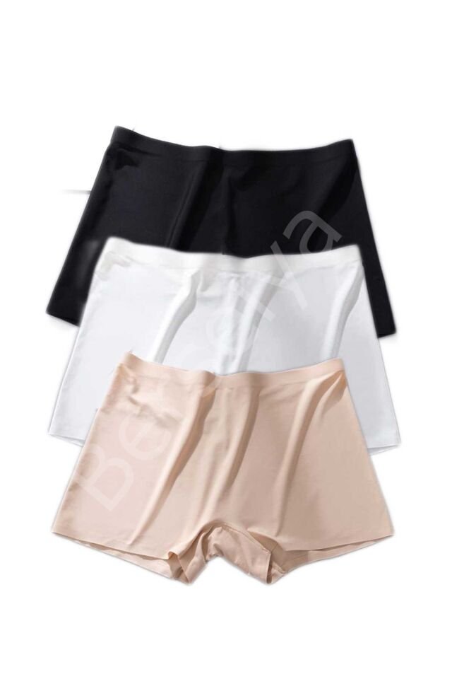 3 Adet Kadın Dikişsiz Görünmez İz Yapmaz Mini Şort Boxer Siyah Beyaz Ten XL