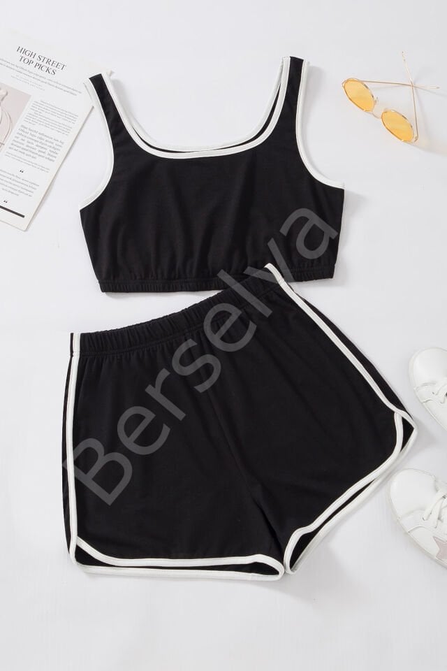 Kadın Siyah Askılı Crop Top Ve Şortlu Gecelik Takım