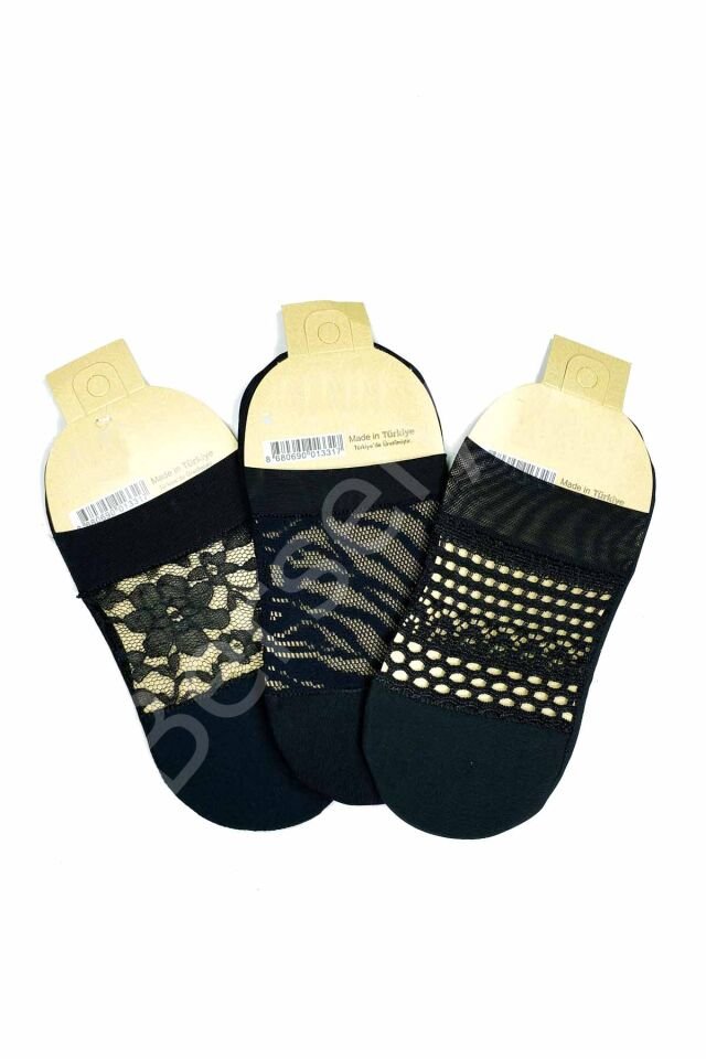 3 Adet Önü Transparan Kadın Fantezi Desenli Babet Çorap