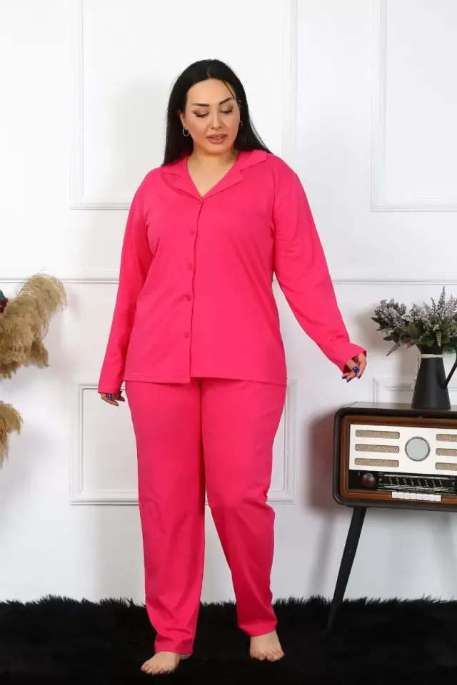 Kadın Büyük Beden Pamuklu Cepli Düğmeli Fuşya Pijama Takım
