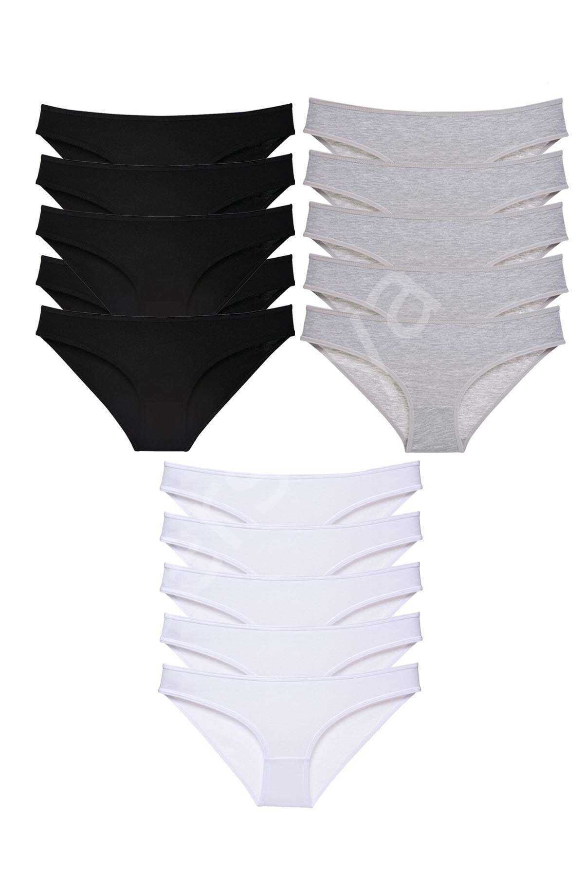 15 adet Süper Eko Set Likralı Kadın Slip Külot Siyah Gri Beyaz S