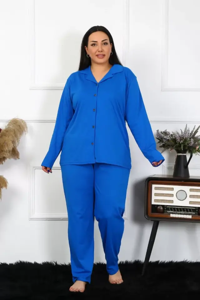 Kadın Büyük Beden Pamuklu Cepli Düğmeli Saks Pijama Takım
