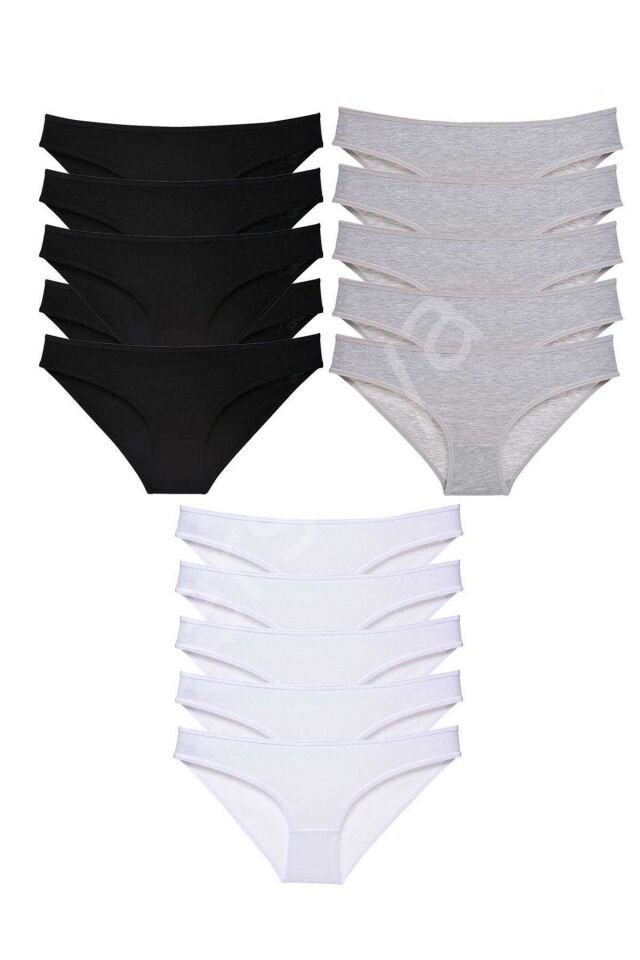 15 adet Süper Eko Set Likralı Kadın Slip Külot Siyah Gri Beyaz M