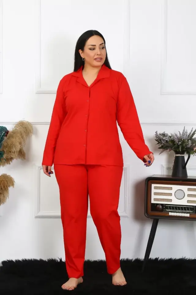 Kadın Büyük Beden Pamuklu Cepli Düğmeli Kırmızı Pijama Takım