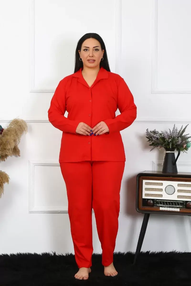 Kadın Büyük Beden Pamuklu Cepli Düğmeli Kırmızı Pijama Takım