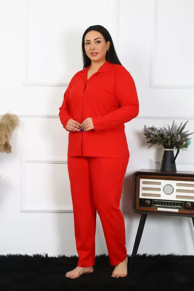 Kadın Büyük Beden Pamuklu Cepli Düğmeli Kırmızı Pijama Takım