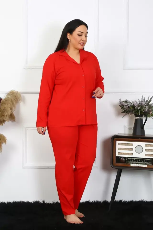 Kadın Büyük Beden Pamuklu Cepli Düğmeli Kırmızı Pijama Takım