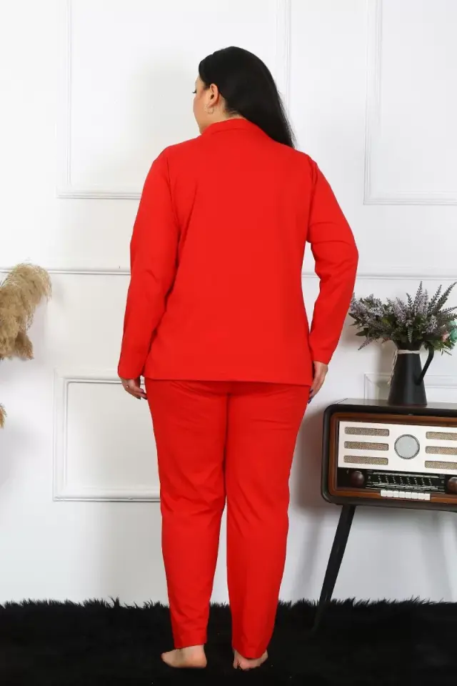 Kadın Büyük Beden Pamuklu Cepli Düğmeli Kırmızı Pijama Takım