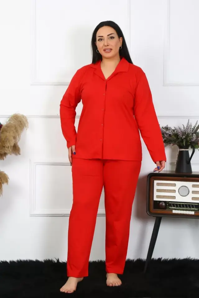 Kadın Büyük Beden Pamuklu Cepli Düğmeli Kırmızı Pijama Takım