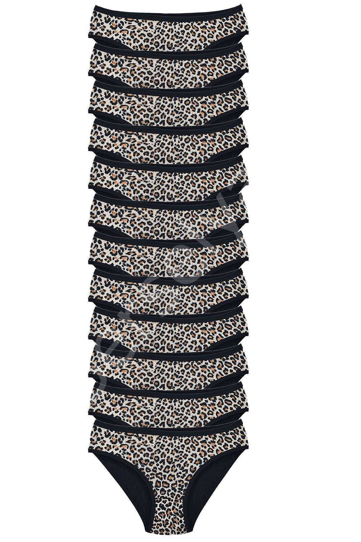 12 Adet Leopar Desenli Likralı Yumuşak Dokulu Kadın Slip Külot