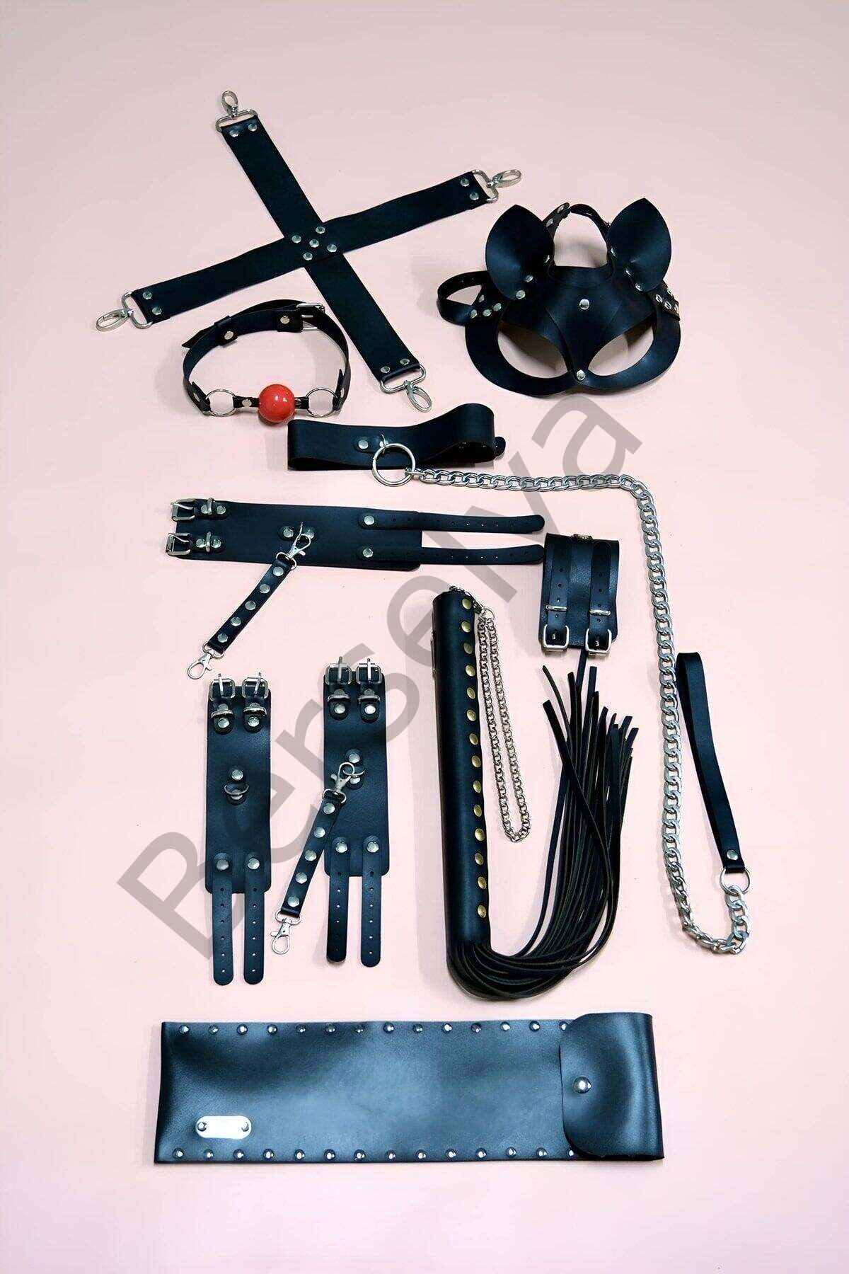 7'li Fantezi Kırbaç Set, Kelepçe Takım, Ayak Kelepçesi, Kedi Maskesi - Brf1309