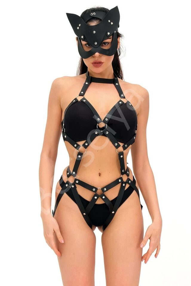 Kedi Maskeli Deri Sexi Babydoll Harnes Takım 800160tak