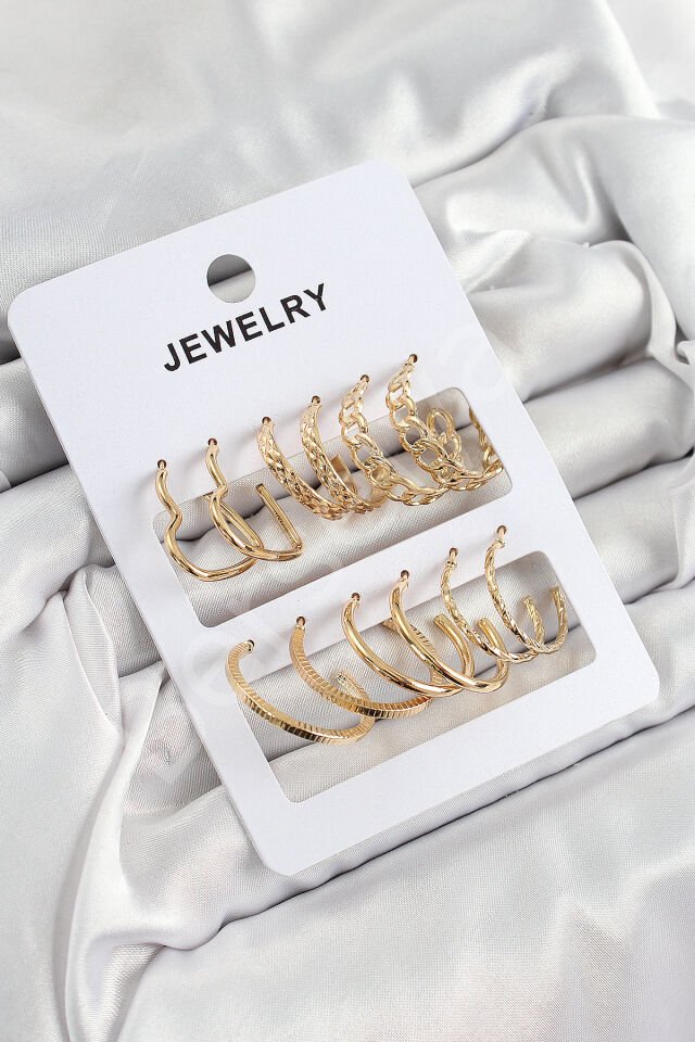 Pirinç Karışık Halka Model Gold Renk 6 Çift Kadın Küpe Set