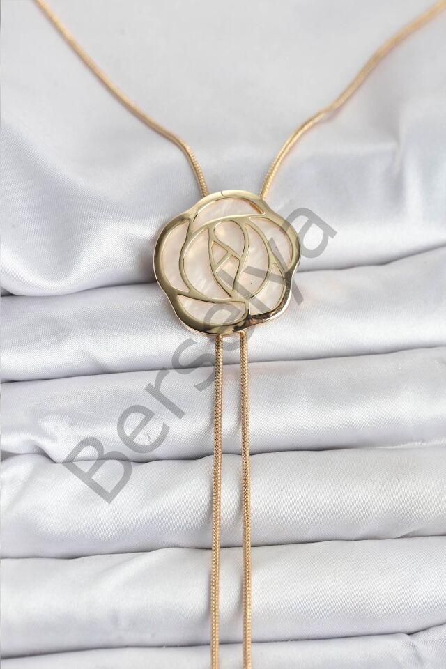 Pirinç Gold Renk Gül Model Asansörlü Kadın Kolye