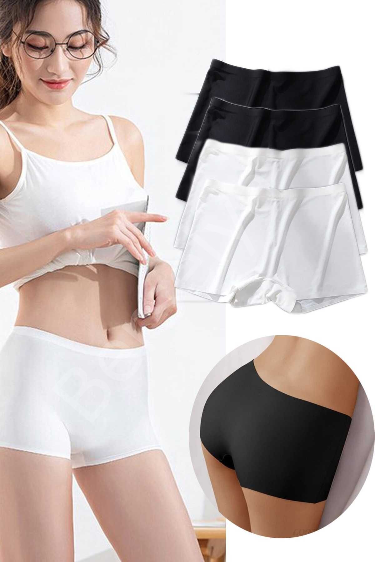 4 Adet Kadın Dikişsiz Görünmez İz Yapmaz Mini Şort Boxer Siyah Beyaz M