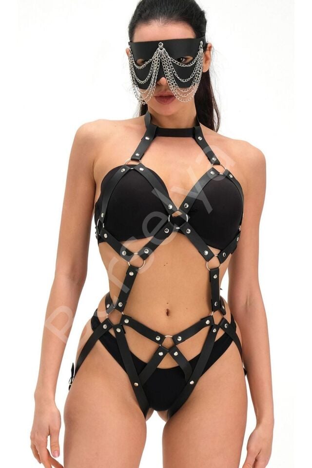 Deri Babydoll Harness Zincir Maskeli Takım 800155tak
